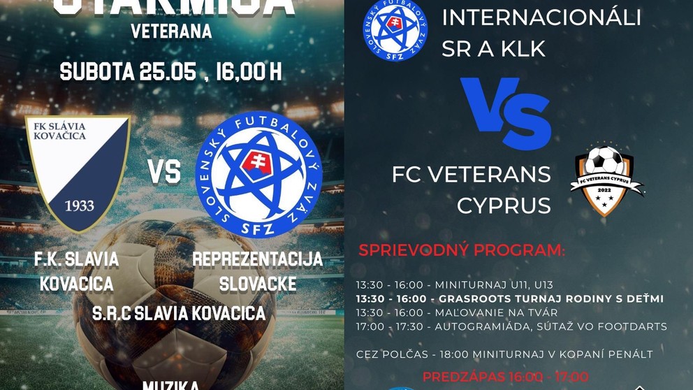 Program zápasov Internacionálov SR a KLK v Kovačici a Piešťanoch