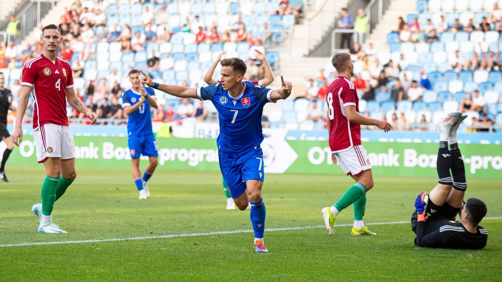 Artur Gajdoš sa teší z gólu v priateľskom zápase Maďarsko 21 – Slovensko 21 v Budapešti (05. 09. 2024)