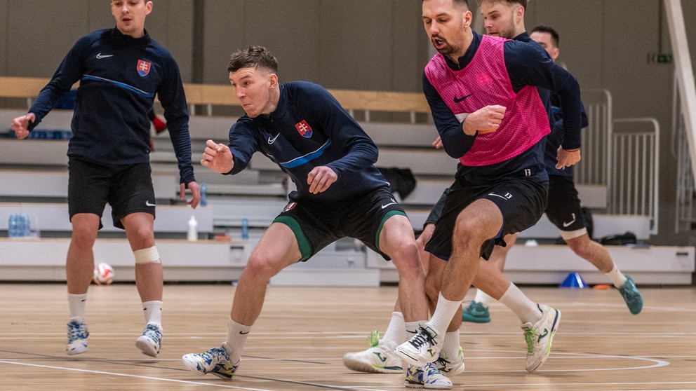 Snímka z tréningu futsalovej reprezentácie SR A v rámci prípravy na kvalifikačný zápas v Poľsku (30.1.2025, Šamorín).