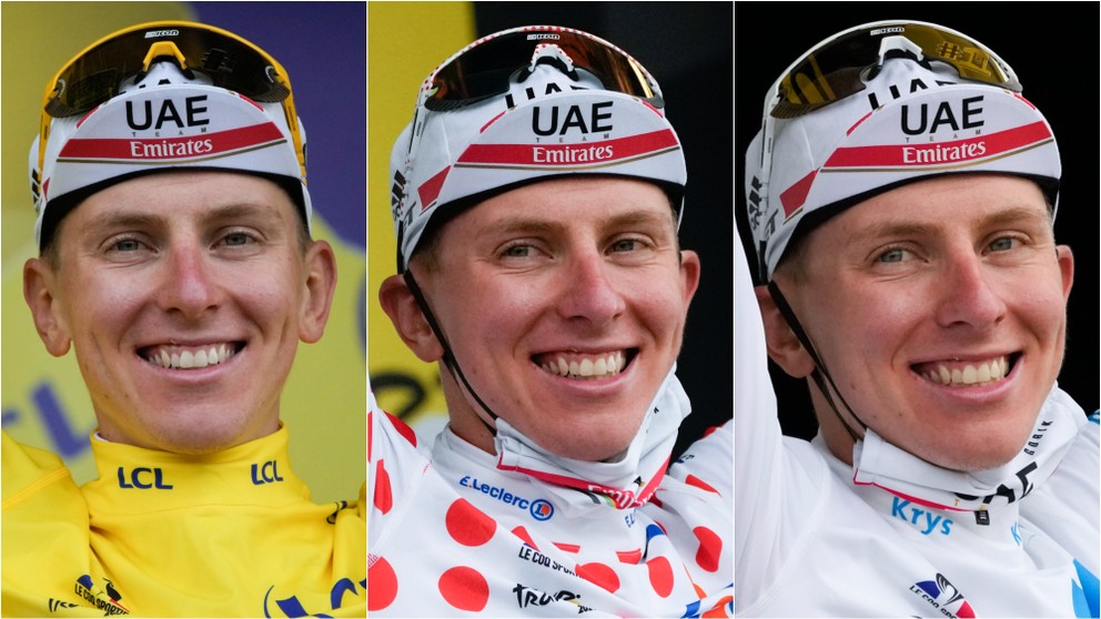 Tadej Pogačar si po 18. etape na Tour de France 2021 obliekol žltý, biely aj bodkovaný dres.