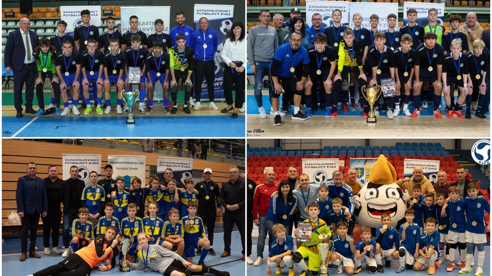 Králi halovej sezóny mládeže ZsFZ - hore zľava výbery ObFZ Nitra U19 a U15, dole zľava výber ObFZ Trnava U13 a výber ObFZ Nitra U11.