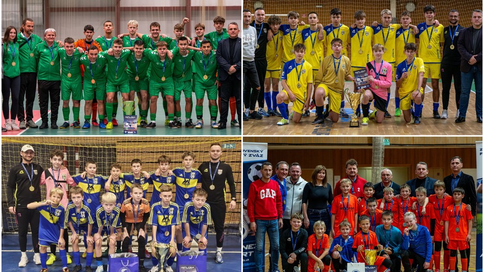 Mládežnícki majstri halovej sezóny ZsFZ 2024 - ObFZ Nové Zámky U19, ObFZ Trnava U15, ObFZ Trnava U13 a ObFZ Považská Bystrica U11.